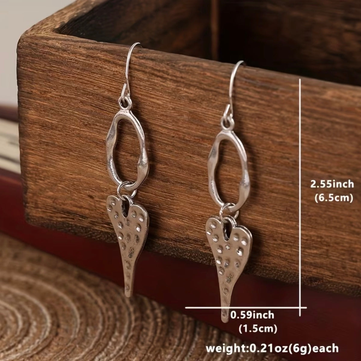 Hammered Silver Heart Drop Earrings