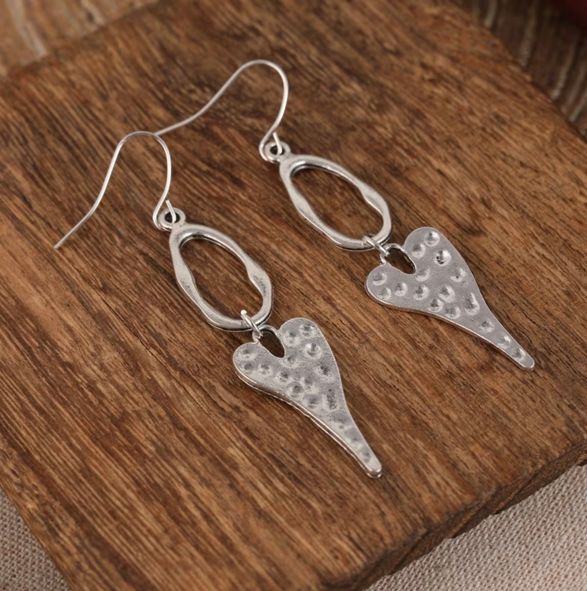 Hammered Silver Heart Drop Earrings