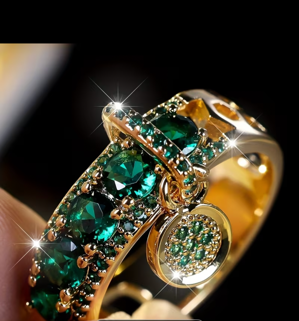 Emerald Cocktail Ring with delicate dangling pendant