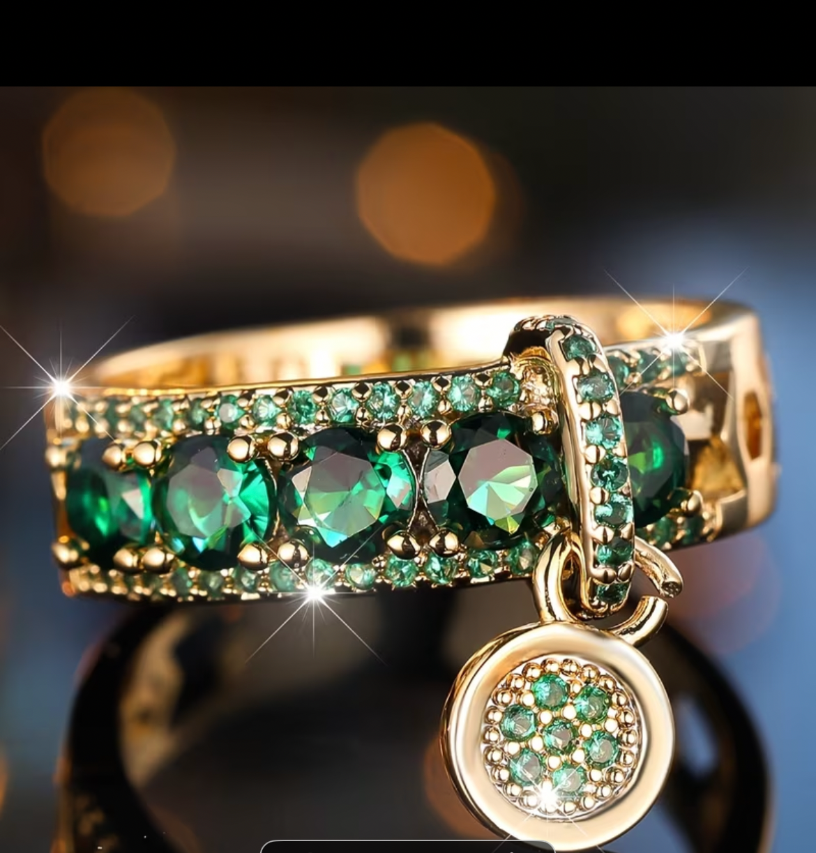 Emerald Cocktail Ring with delicate dangling pendant