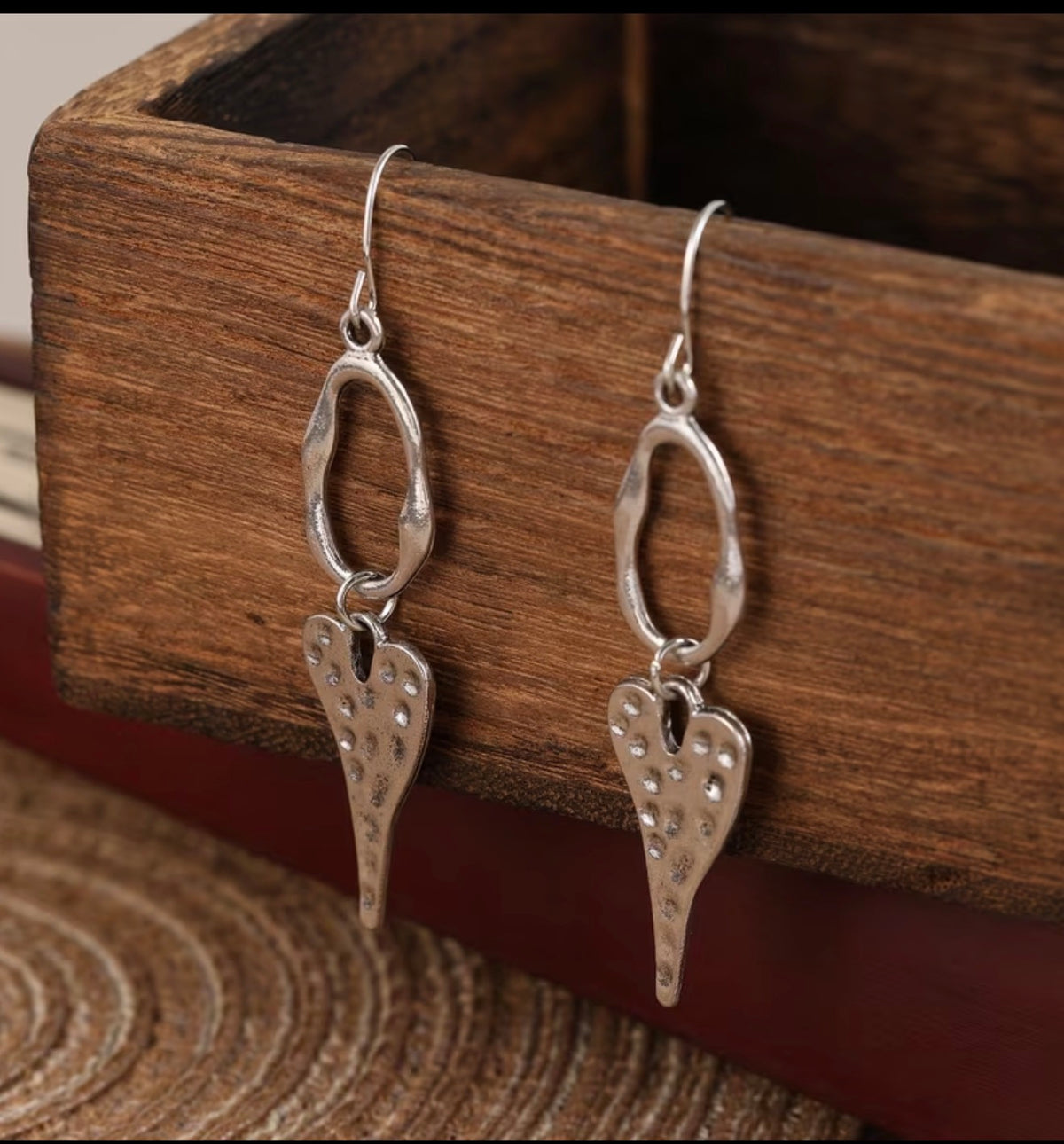 Hammered Silver Heart Drop Earrings