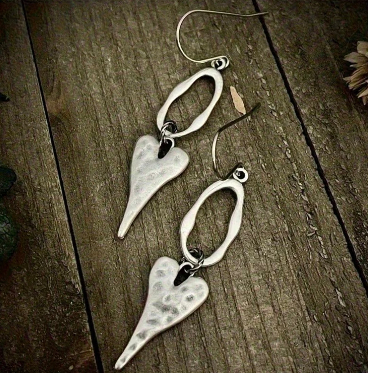 Hammered Silver Heart Drop Earrings