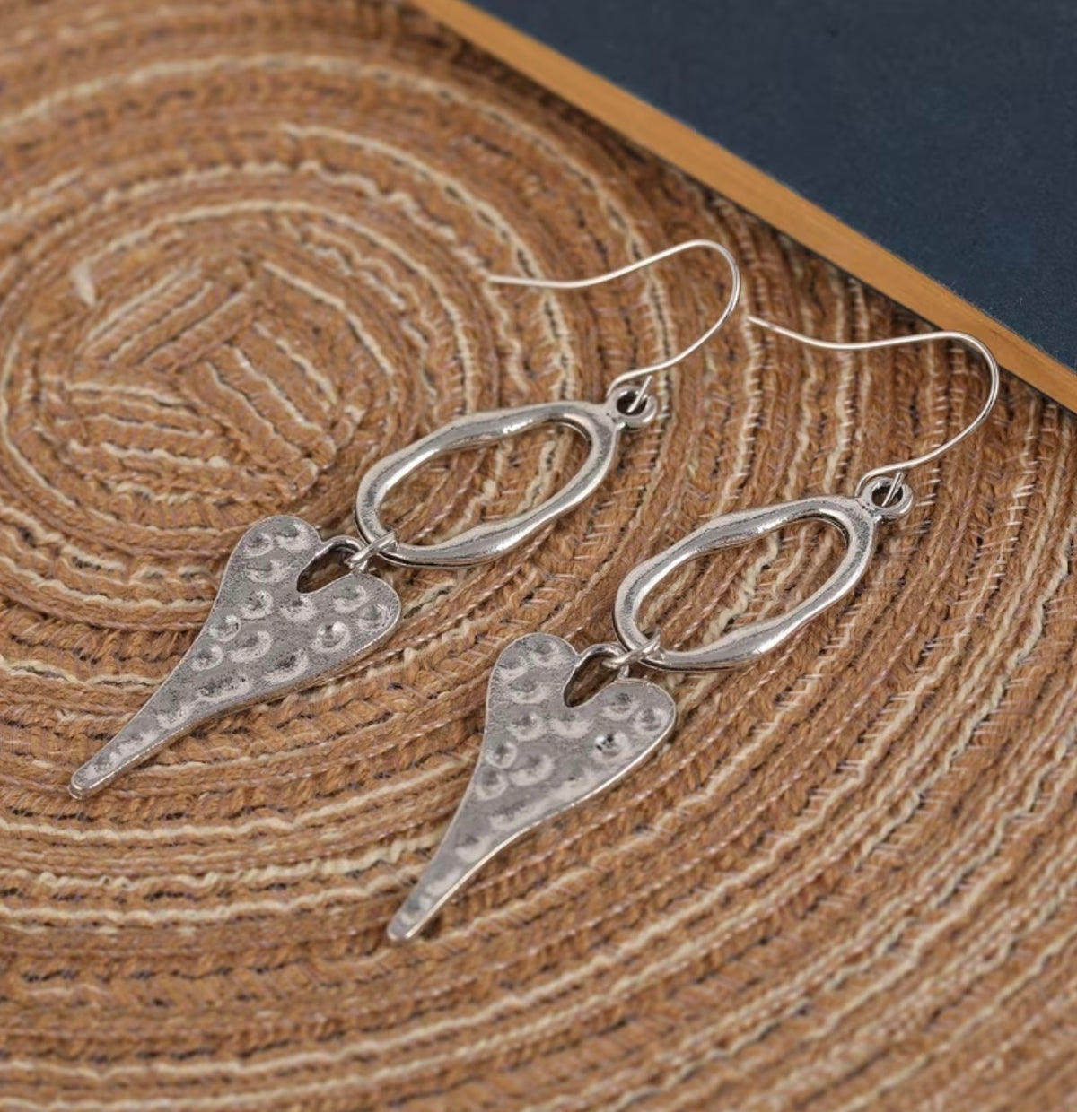 Hammered Silver Heart Drop Earrings