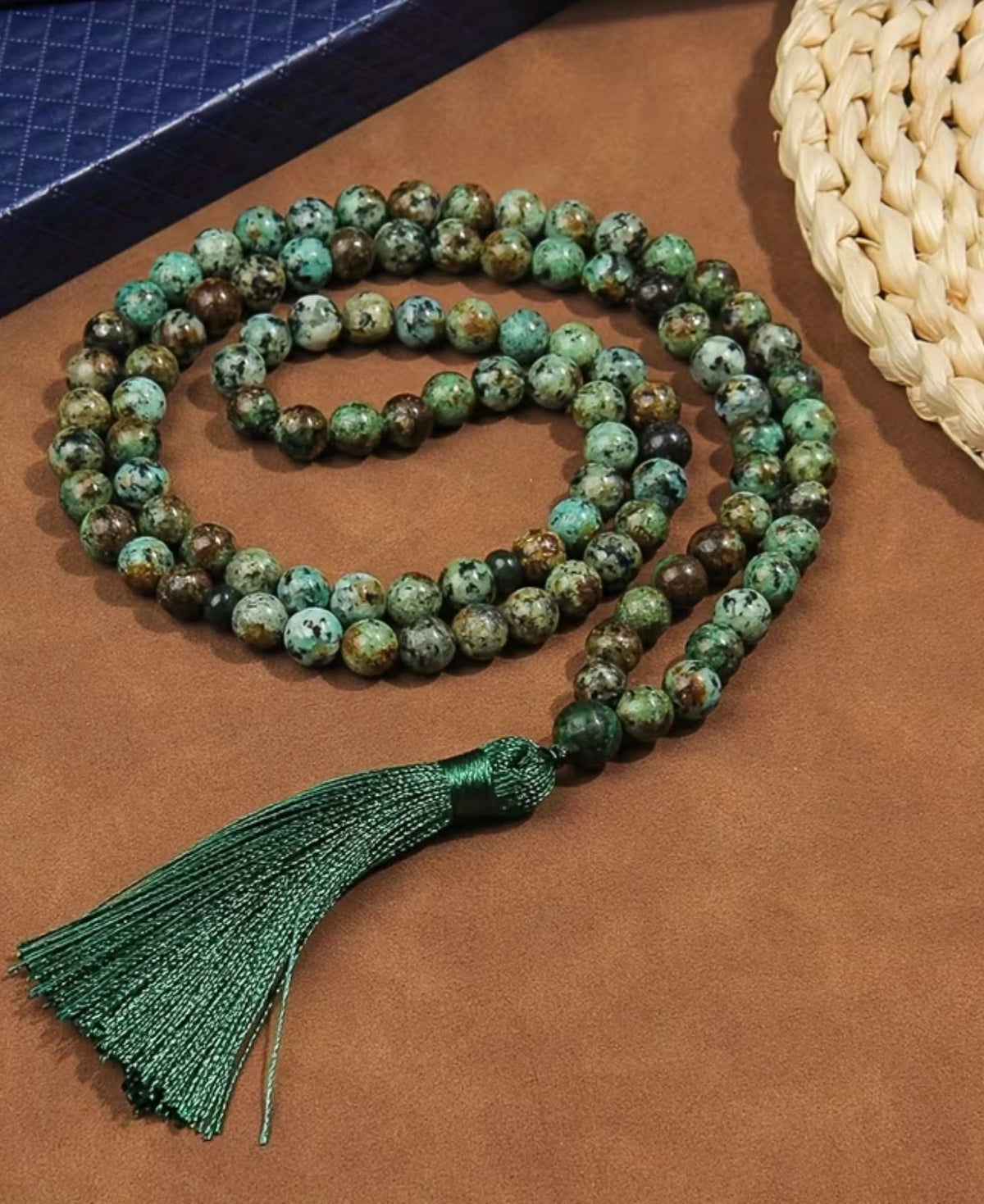 Handmade 108 Stone Beaded Mala Necklace with Silk Tassle