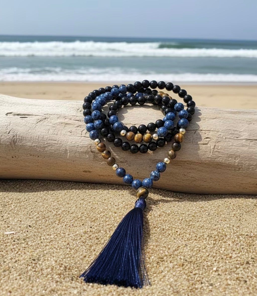 Handmade 108 Stone Beaded Mala Necklace with Silk Tassle