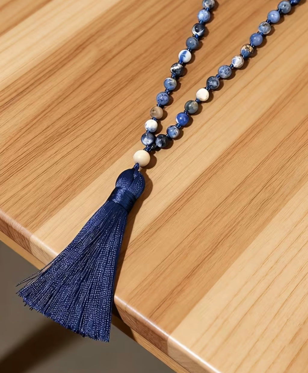 Handmade 108 Stone Beaded Mala Necklace with Silk Tassle