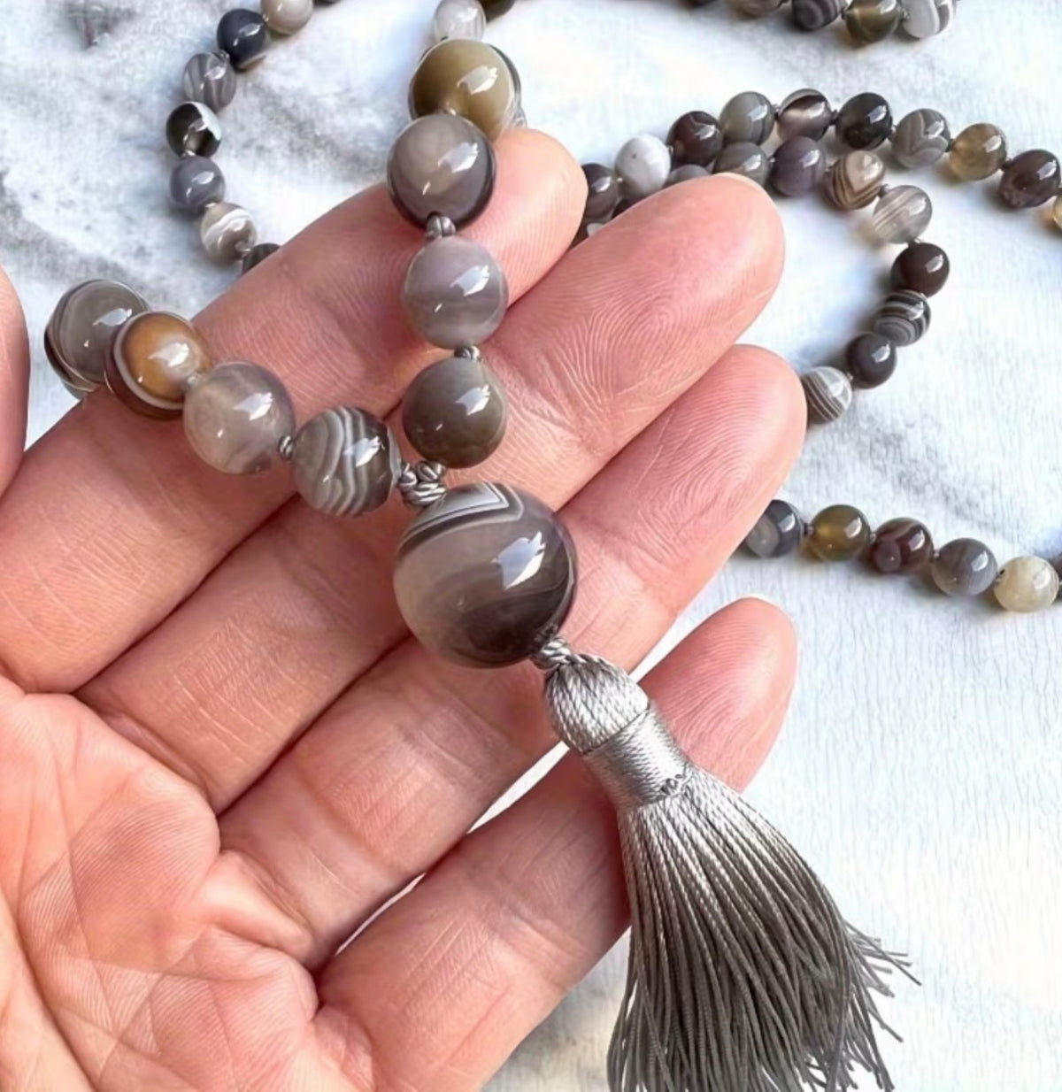 Handmade 108 Stone Beaded Mala Necklace with Silk Tassle