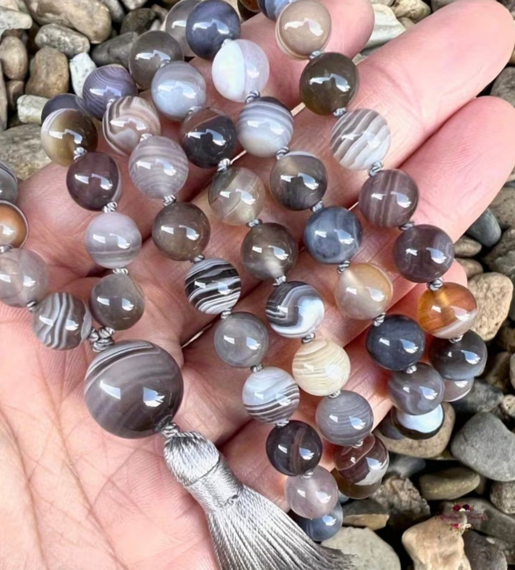 Handmade 108 Stone Beaded Mala Necklace with Silk Tassle